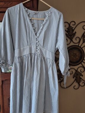 ASOS Blue and White Striped Cotton Tie-Sleeve Dress